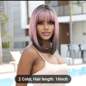 NEW PINK GRADIENT W/BLACK STRAIGHT BOB HAIR FULL WIG WITH BANGS 16" LENGTH